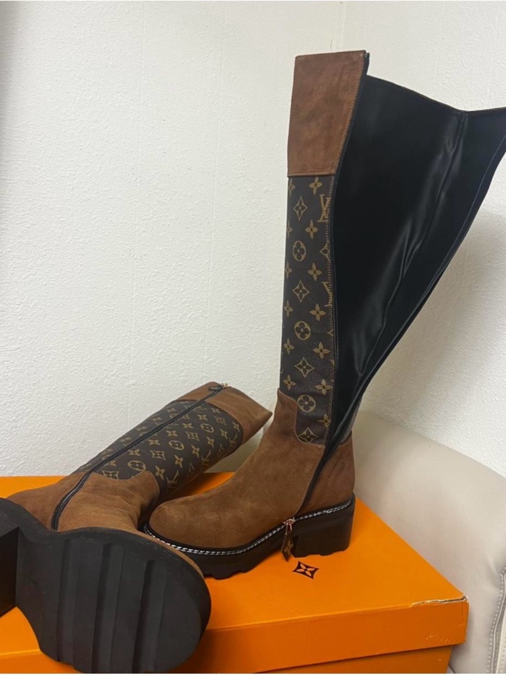 Louis Vuitton Brown Suede & Monogram Over-the-Knee Boots